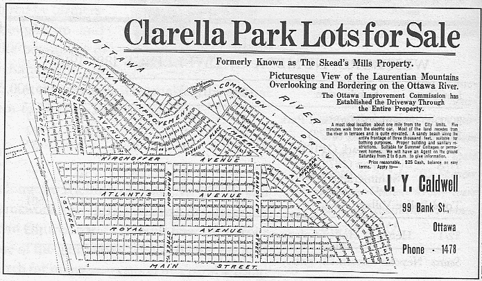 Black and white map titled 'Clarella Park Lots for Sale' showing lot parcels, streets, and the Ottawa River, with contact details for J. Y. Caldwell at 99 Bank St., Ottawa.