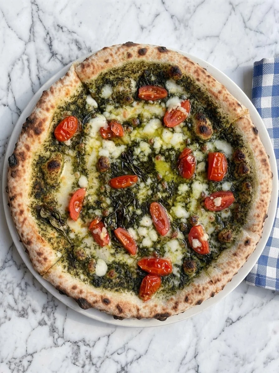 A pizza topped with cherry tomatoes, melted cheese, pesto sauce, and caramelized onions on a marble surface.