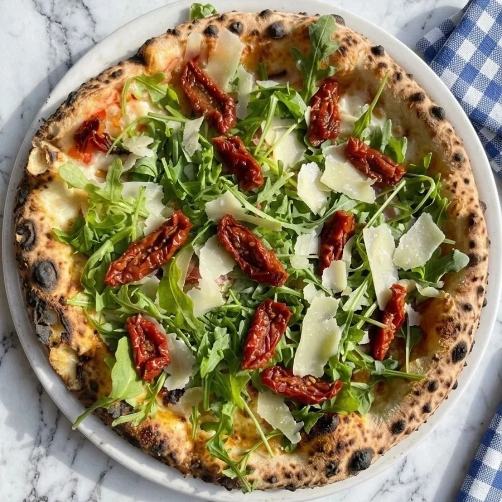sofia pizza A pizza with arugula, sun-dried tomatoes, and shaved parmesan cheese on a white plate