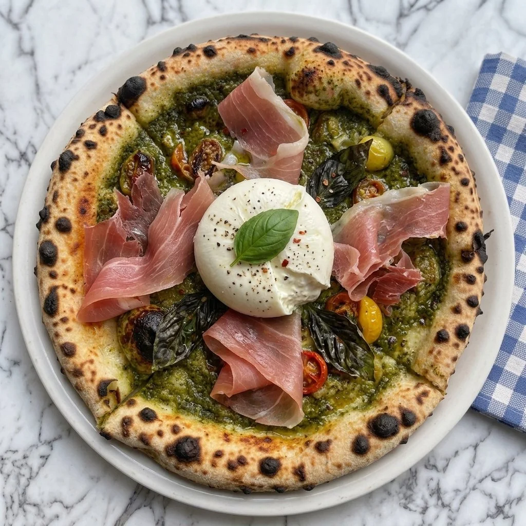 burrata pizza / white pizza w pesto sauce as base, A pizza topped with prosciutto, fresh basil leaves, cherry tomatoes, and a burrata cheese, served on a white plate with a blue checkered napkin on a marble surface.