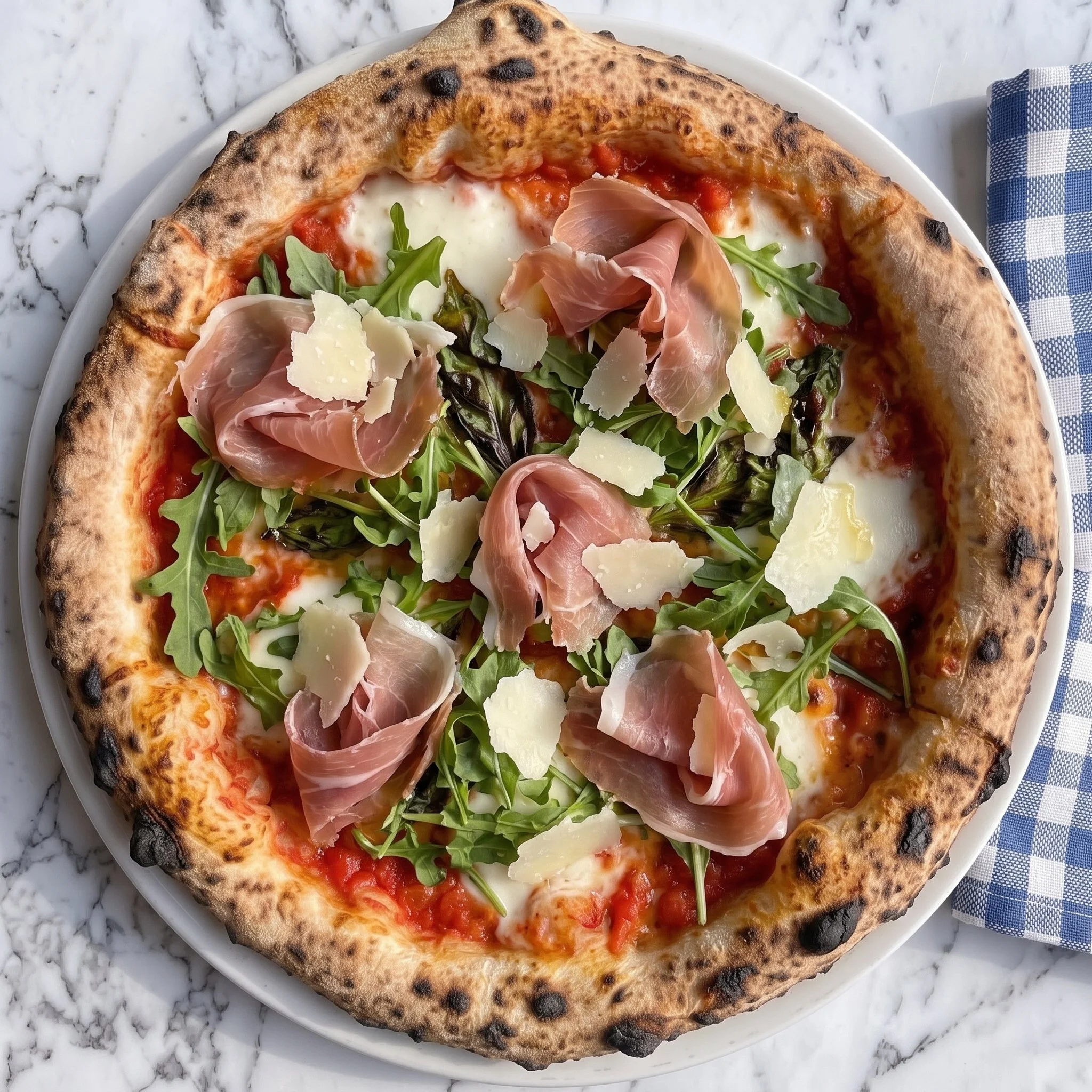A pizza with a thin, slightly charred crust with leoparding topped with tomato sauce, melted cheese, arugula, shaved Parmesan cheese, prosciutto, and a poached egg, served on a white plate on a marble surface with a blue and white checkered napkin.