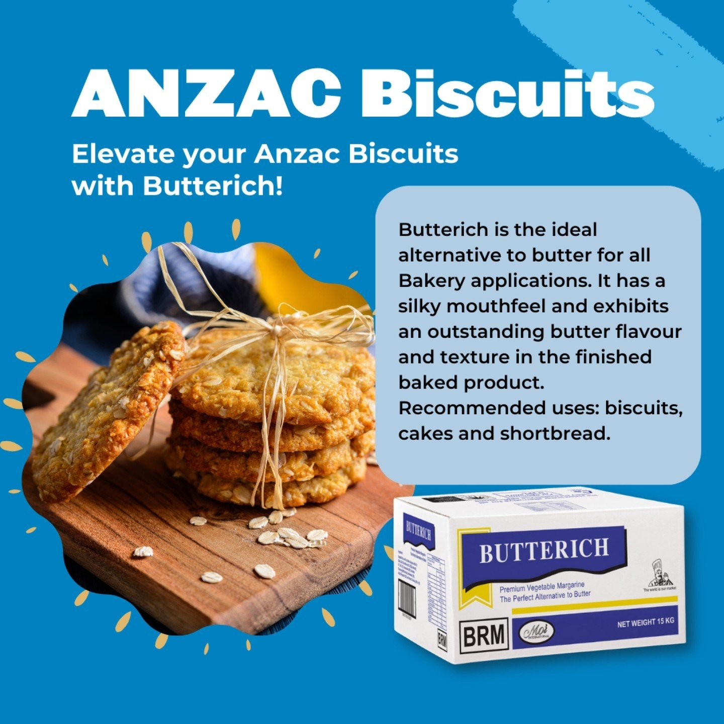 In honour of our ANZACs, why not add some scrumptious ANZAC biscuits to your bakery cabinet using our much loved butter alternative, Butterich or our vegan option, Cakemax.  Follow the link in bio for recipe.

 #anzacday #lestweforget #honourthem #mo