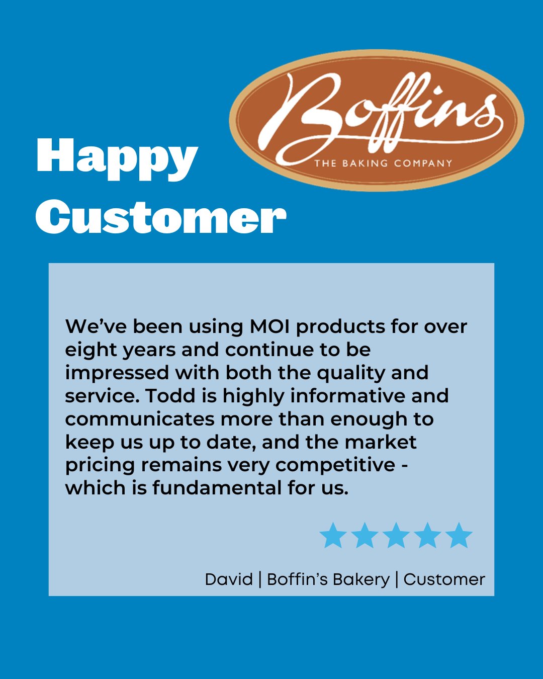 Our customers say it best! We&rsquo;re proud to play a small part in their success - thank you for trusting MOI products in your kitchens and bakeries.

#moiinternational #boffinsbakery #customerlove #bakery #plantbasedoil #vegetableoil #fatsandoils 