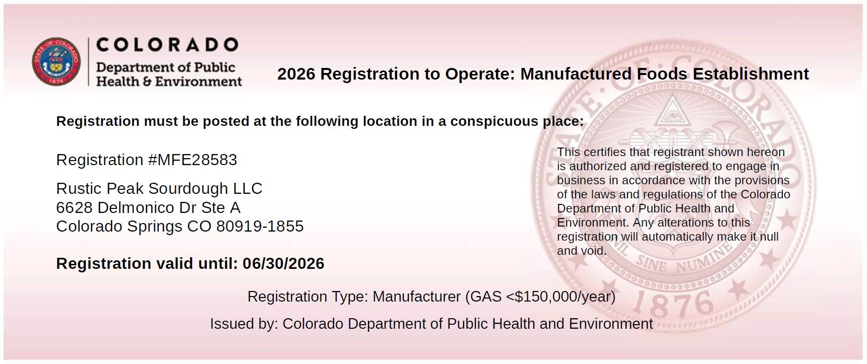 2026 Registration to Operate: Manufactured Foods Establishment certificate from the Colorado Department of Public Health and Environment