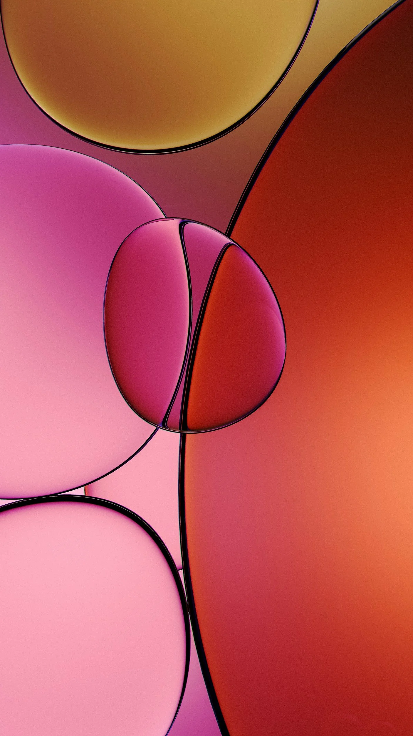 Close-up of colorful, overlapping, glowing circular shapes in shades of yellow, pink, purple, and orange with black outlines.