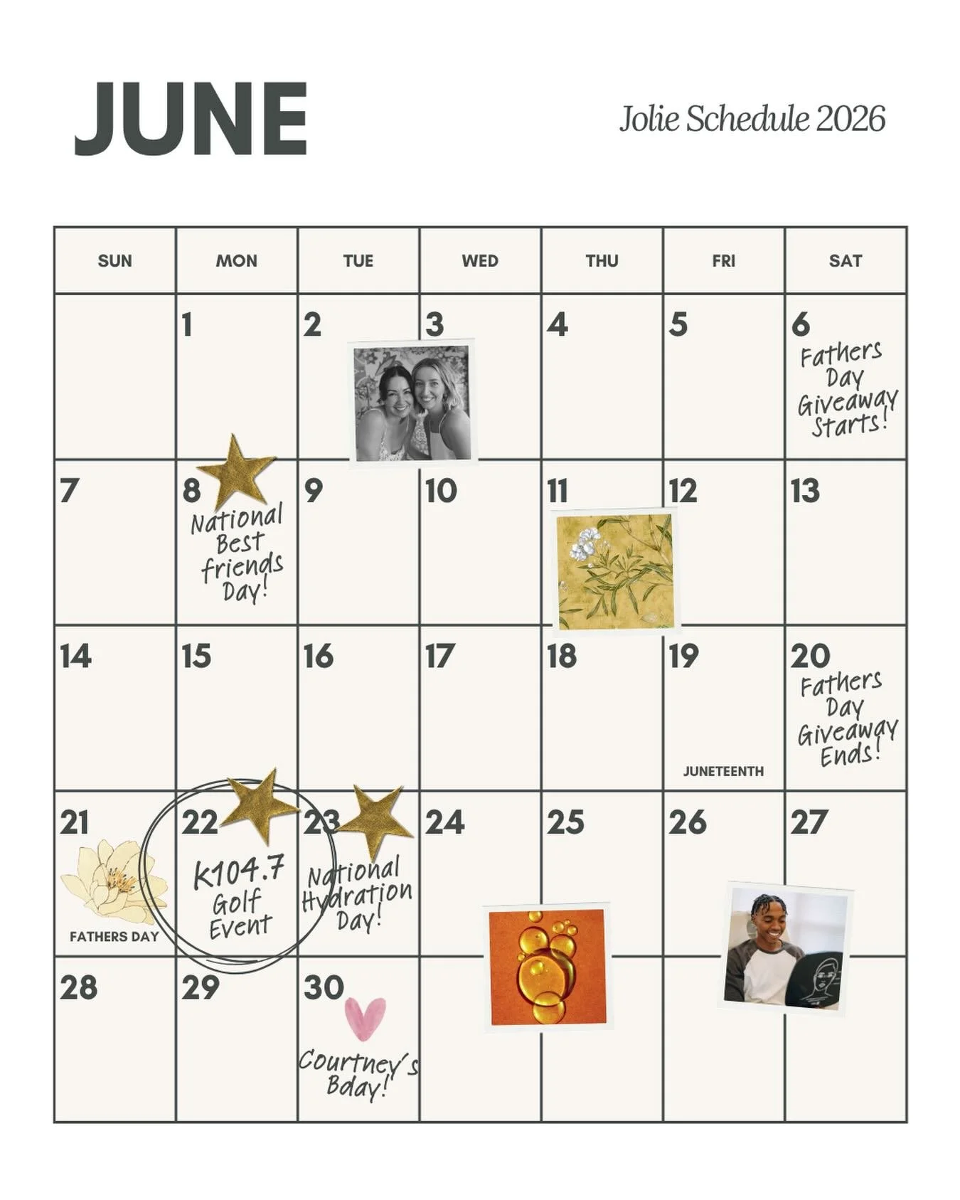 June at Jolie ☀️🤍

Your monthly calendar of celebrations, community moments, and a few fun surprises:

&bull; June 6 &mdash; Father&rsquo;s Day Giveaway begins 🎁
&bull; June 8 &mdash; National Best Friends Day (flash sale incoming 👯&zwj;♀️💫)
&bul