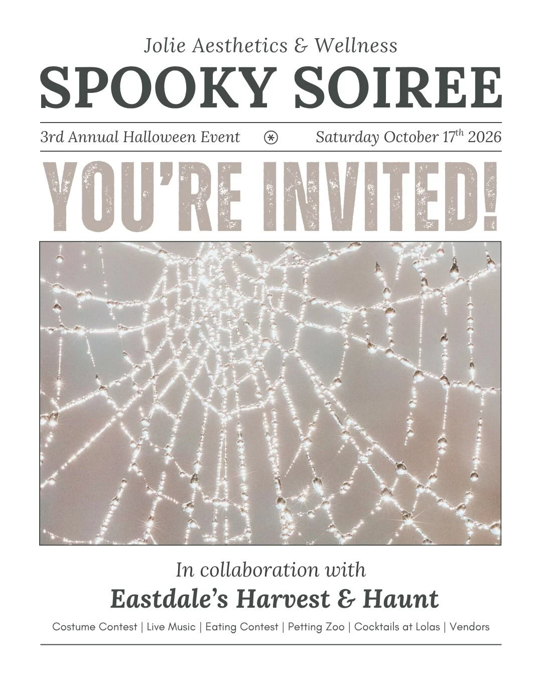 You&rsquo;ve been summoned&hellip; 🕸️🍂🖤☠️🎃

Join us for Jolie&rsquo;s 3rd Annual Spooky Soir&eacute;e on Saturday, October 17, from 5&ndash;9 PM, in collaboration with Eastdale&rsquo;s Harvest &amp; Haunt!

Make a night of it with:
💉Jolie treatm