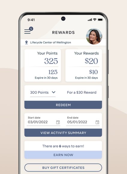 Screenshot of a mobile app rewards program showing points, rewards, redemption options, and activity summary.