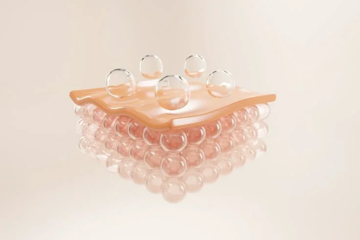 A decorative object composed of a peach-colored rectangular base with rounded edges, layered with pink spherical beads, and topped with clear glass spheres of varying sizes, arranged in a pattern.