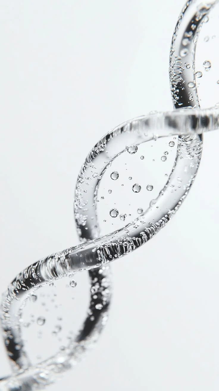 Close-up of a transparent, coiled DNA double helix with water bubbles inside and around it.