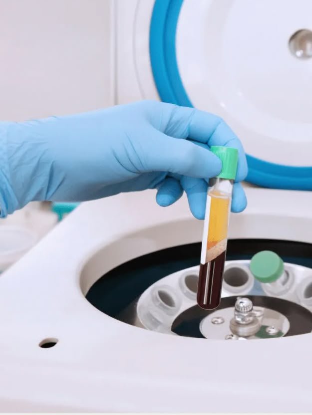 A lab technician wearing blue gloves holding a test tube with blood sample near a centrifuge.