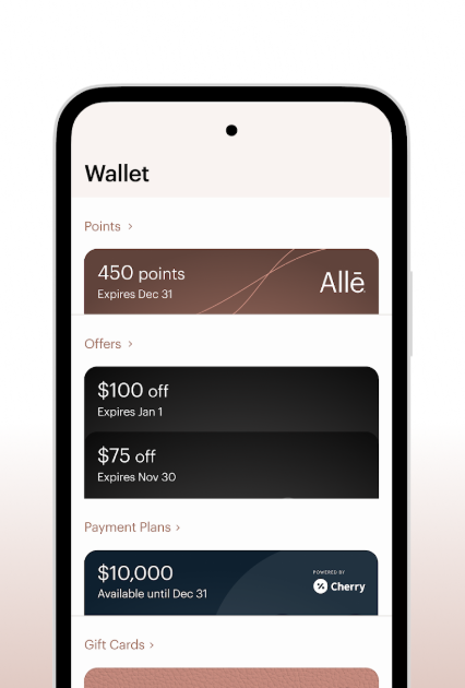 Smartphone screen displaying a digital wallet app with points, offers, payment plans, and gift cards sections.