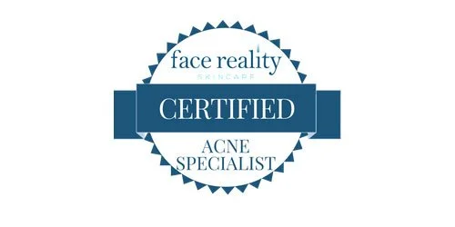 Face Reality skincare certificate badge indicating certification as an acne specialist.