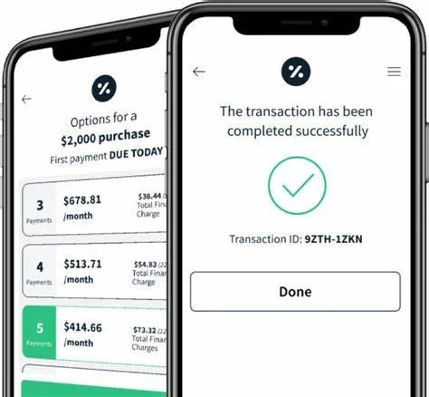 Smartphone screens showing a successful transaction confirmation and payment options for a $2,000 purchase.