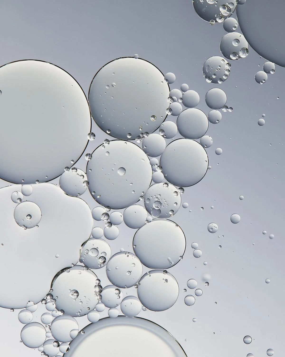 Abstract scene of large and small white and transparent bubbles floating against a gray background.