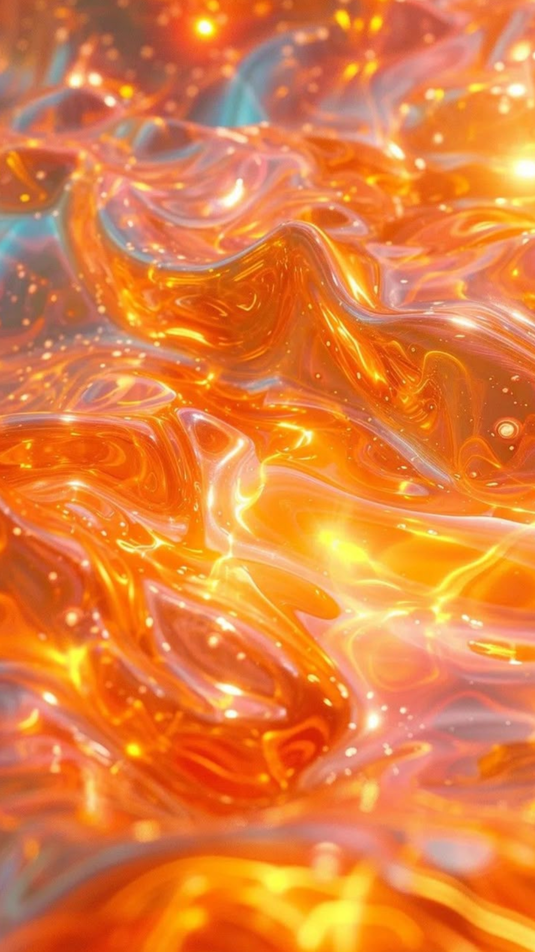 Abstract close-up of swirling, glowing orange and yellow molten-like material with reflections and sparkles.