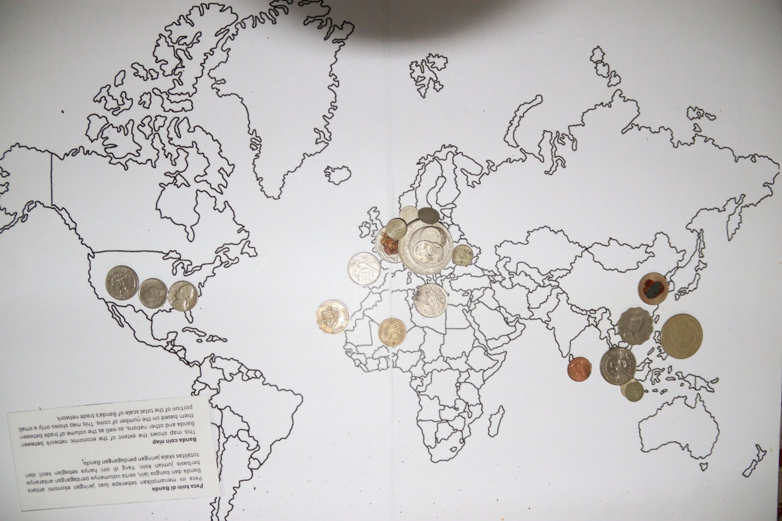 archive number: r-2-010
object reference: 
Coin Distribution Map
origin: -
date: -
notes: Many varieties of minted coins have been found in Banda over the years. This map highlights some examples of the foreign currencies which made their way to Band