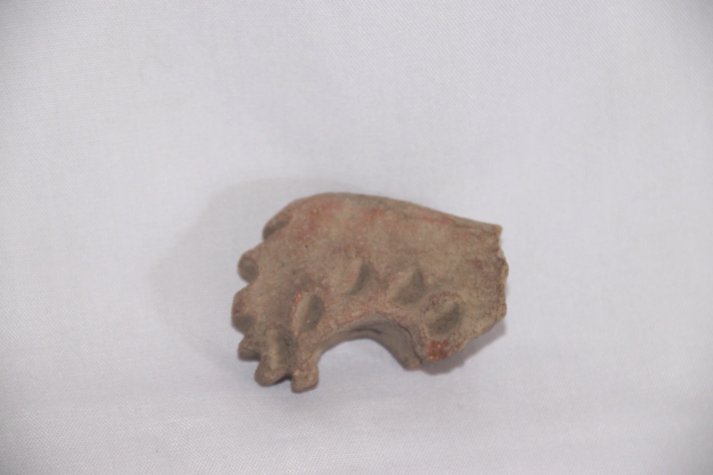 archive number: r-1-022b
object reference: 
Pottery fragments
origin: Banda
date: -
notes: Many of these pottery pieces are shaped like bird heads and ears, usually used as handles on clay vessels. On the pottery fragments we can see decorative patte