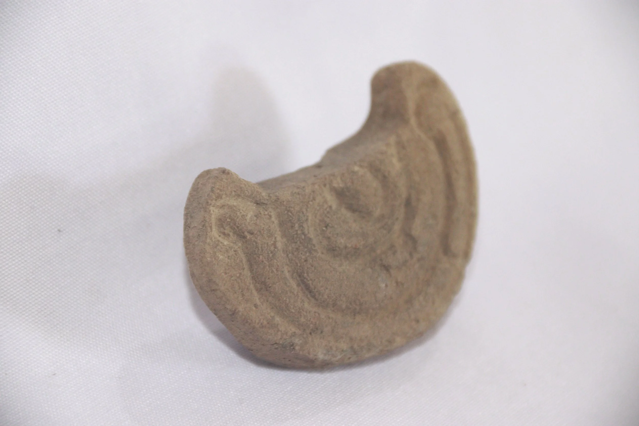 archive number: r-1-022c
object reference: 
Pottery fragments
origin: Banda
date: -
notes: Many of these pottery pieces are shaped like bird heads and ears, usually used as handles on clay vessels. On the pottery fragments we can see decorative patte