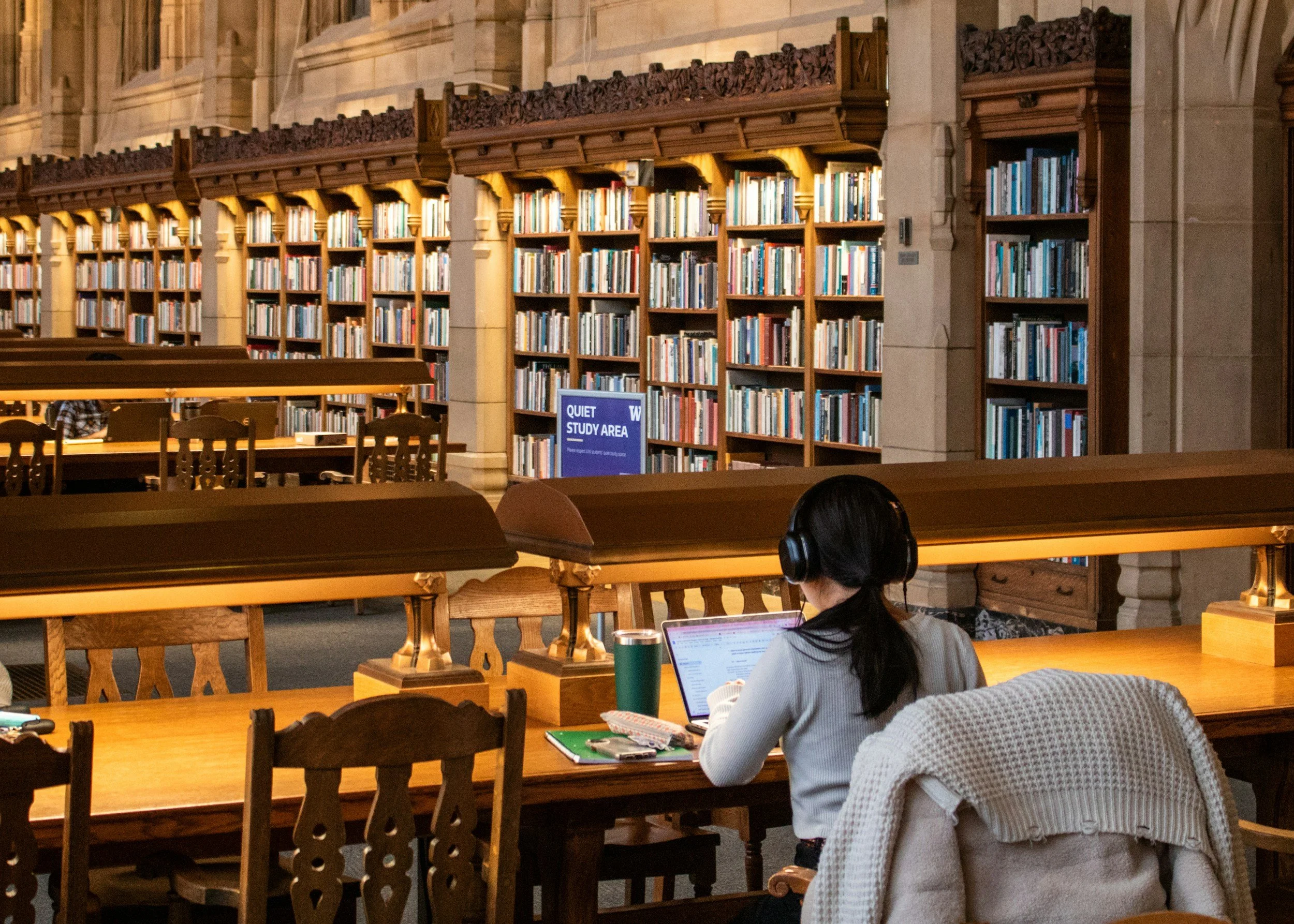 College student at laptop in quiet library