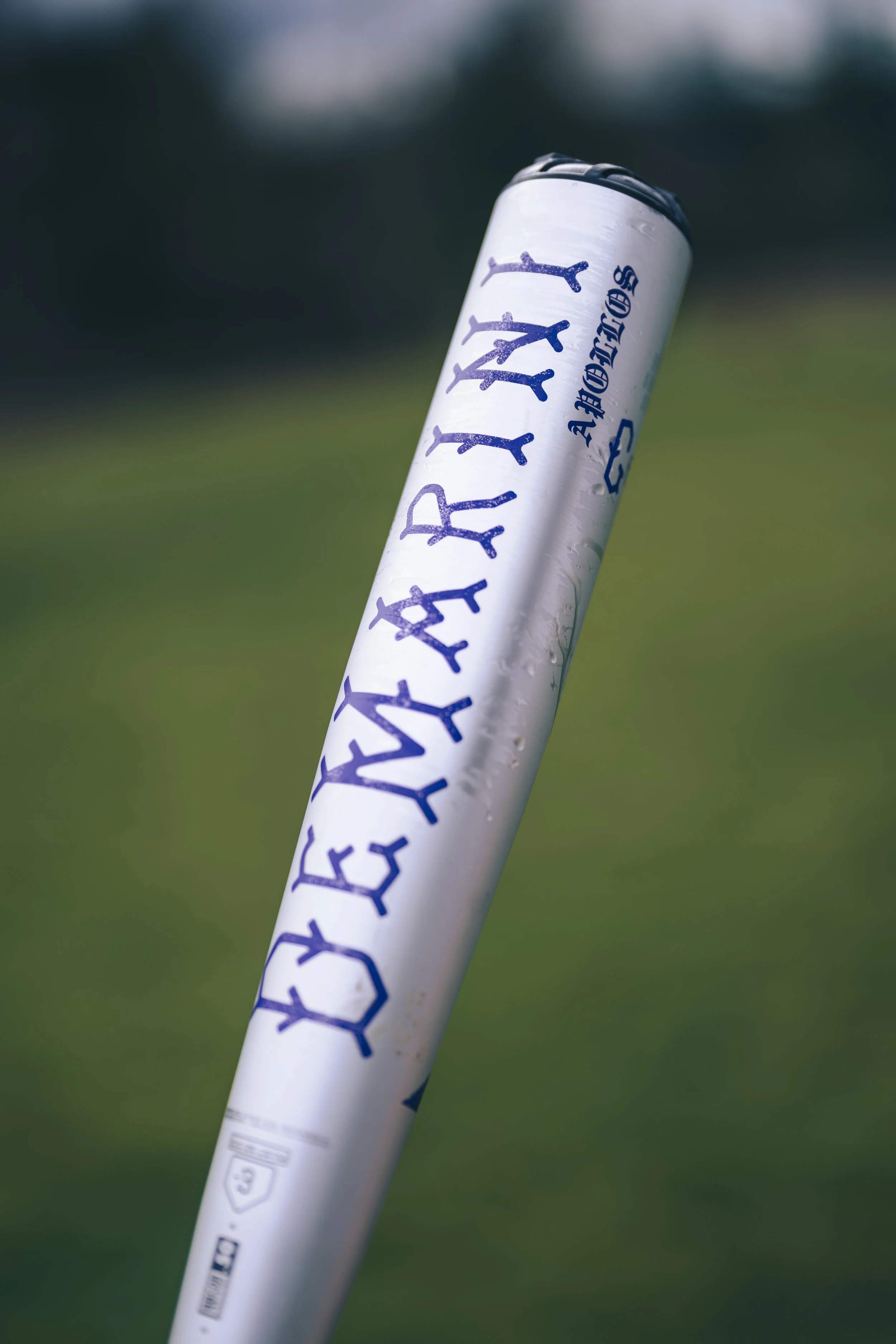A white golf club with purple markings and the text 'ALBATRAIL' printed on it, leaning against a blurred green background.