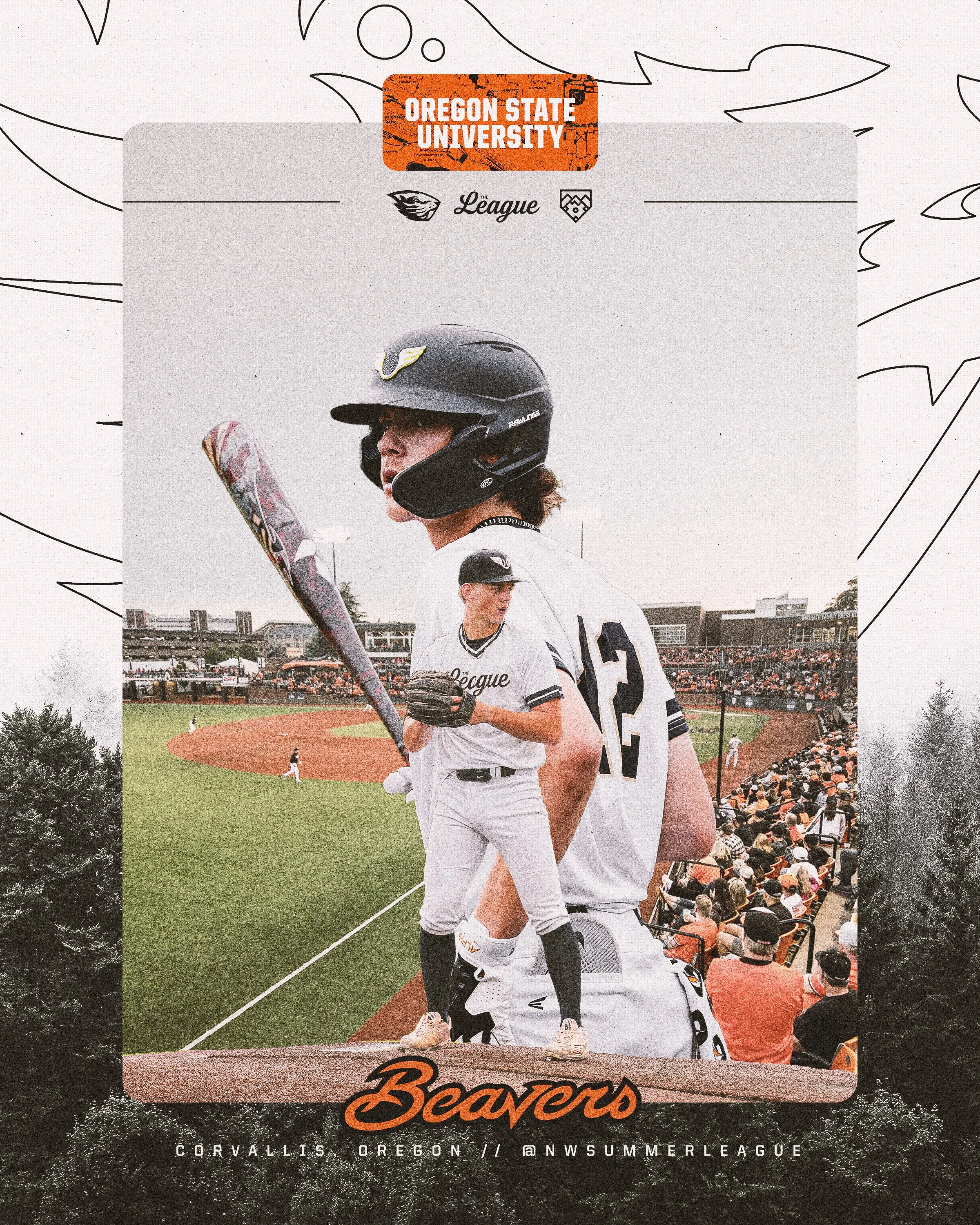 A baseball player in a black helmet and uniform holding a bat on a baseball field, with a crowd of spectators in the background. The image promotes the Oregon State Beavers baseball team in Corvallis, Oregon, part of the NW Summer League.