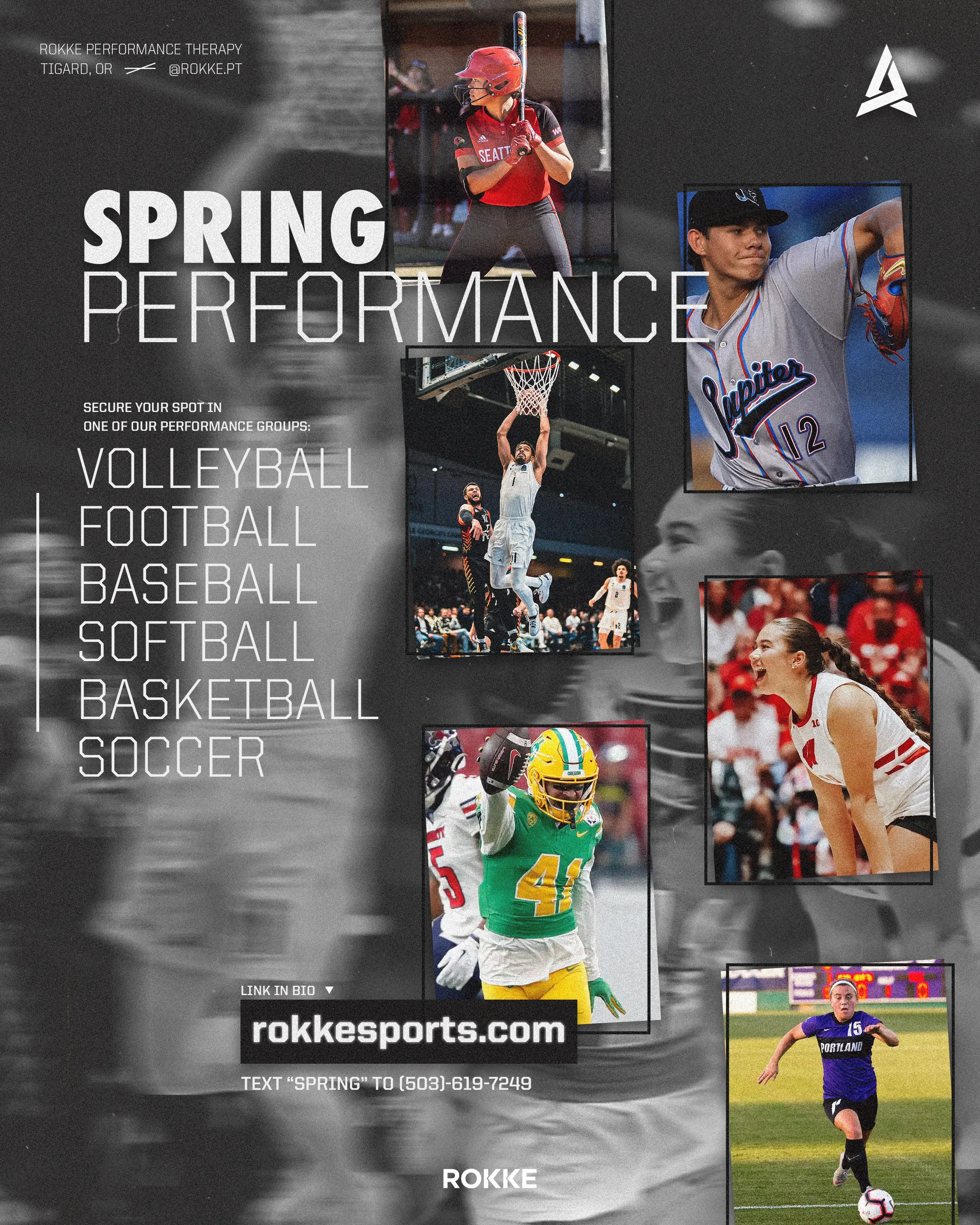 Promotional flyer for ROKKE Performance Therapy featuring athletes from various sports including baseball, football, volleyball, basketball, soccer, and softball, with a website link and contact information.