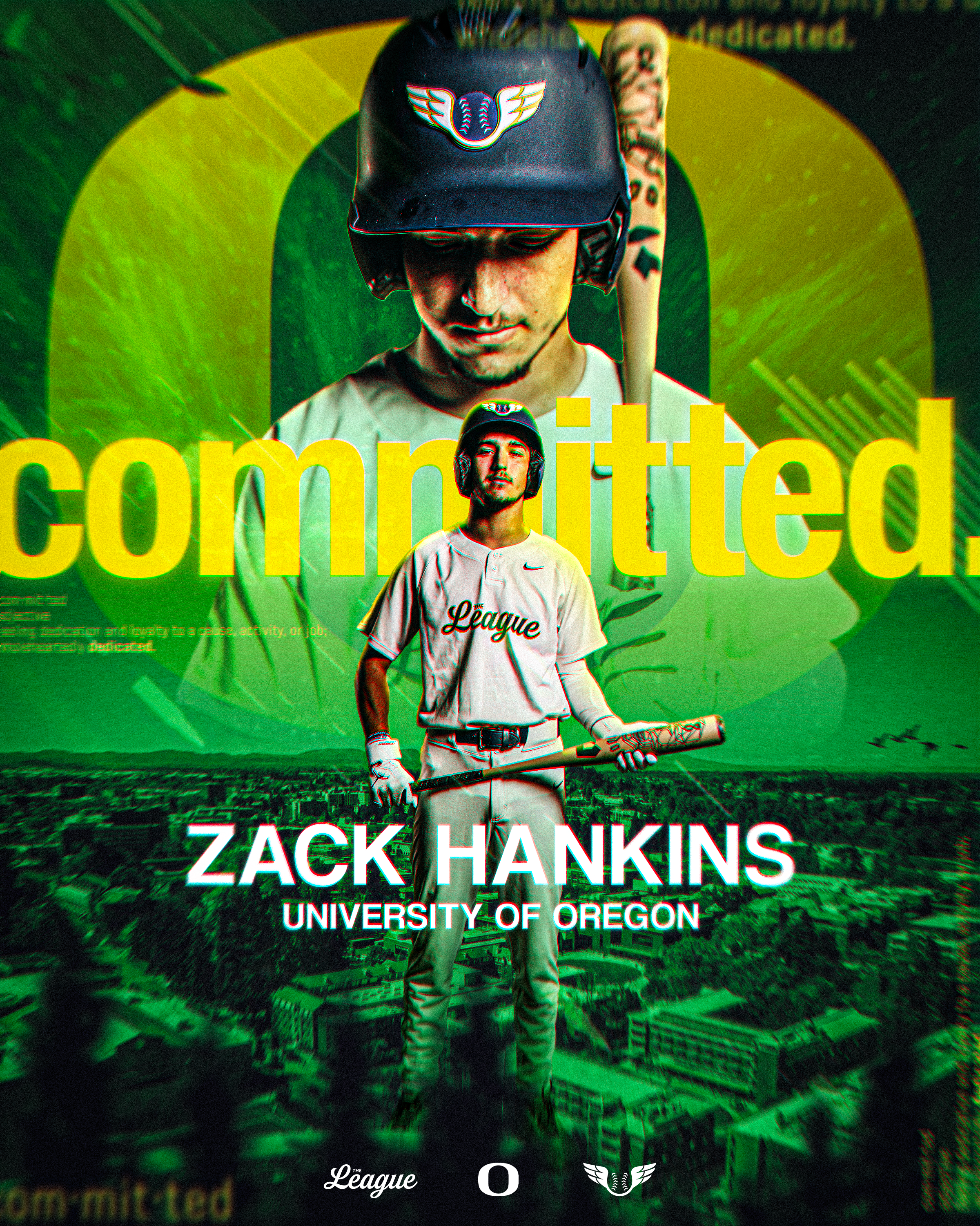 A digital collage featuring two baseball players, Zach Hawkins and another player, with a green cityscape background and yellow text. The first player is wearing a black helmet with winged logo and a white shirt, holding a baseball bat. The second pl
