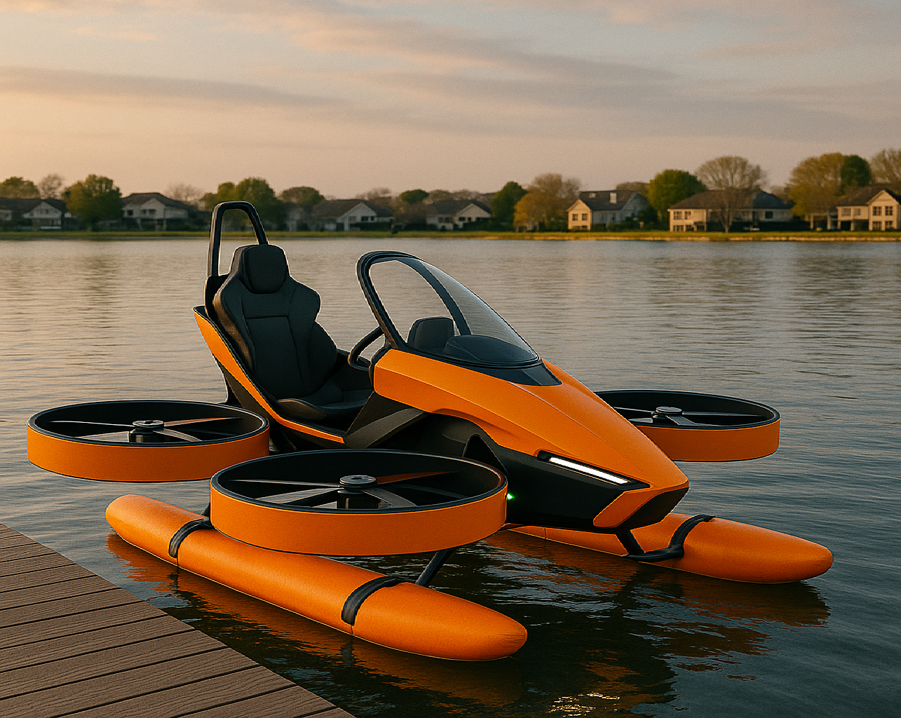 An orange futuristic personal watercraft with large propellers on the sides and a sleek cockpit, docked at a wooden pier with a calm lake and houses in the background under a partly cloudy sky during sunset.