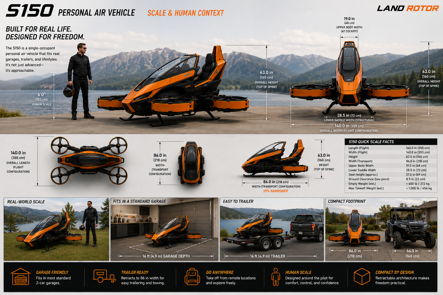 Land Rotor S150 single-occupant electric personal air vehicle showing real-world scale, dimensions, compact transport width, garage storage, and trailer transport.