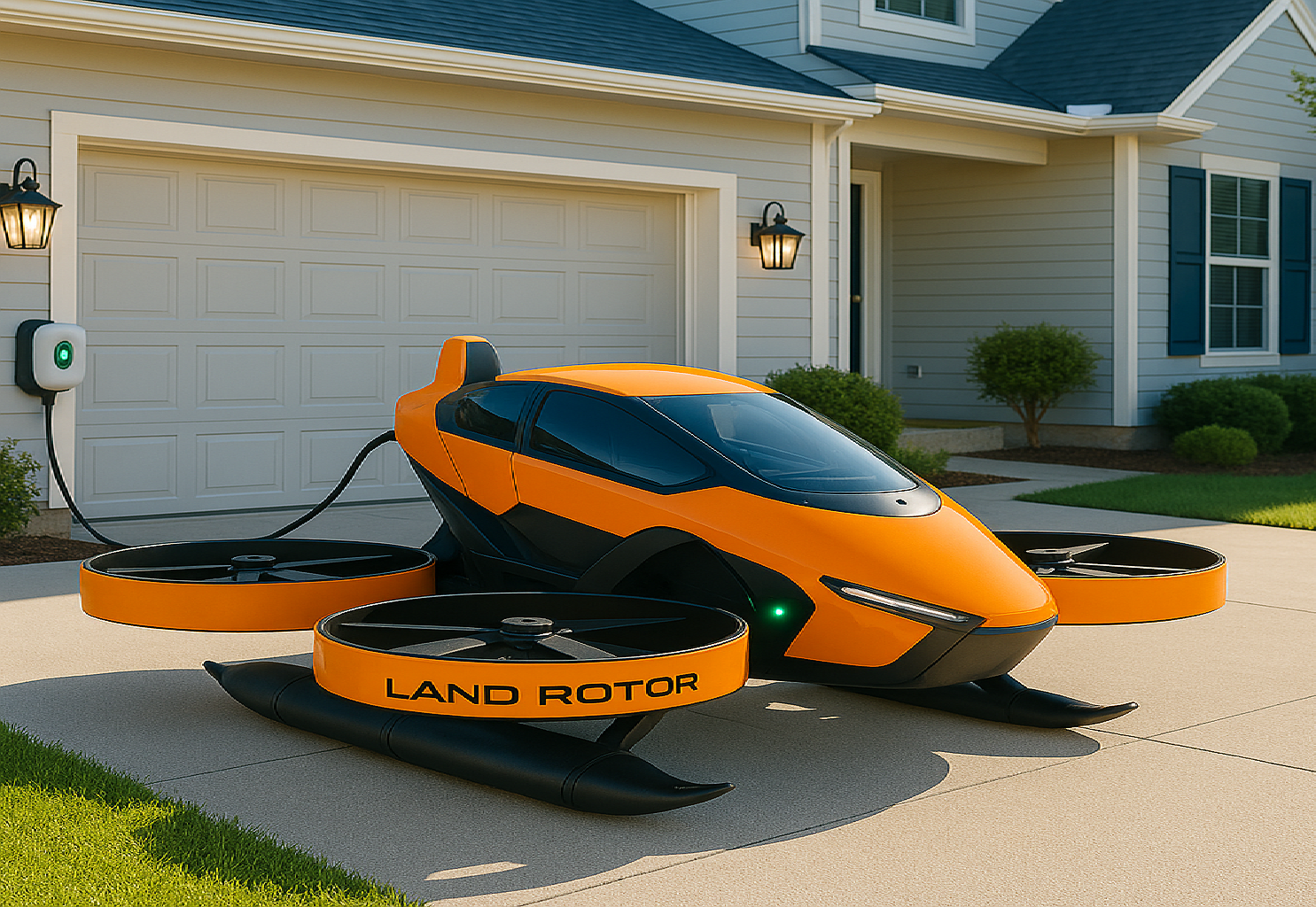A futuristic orange and black vehicle with helicopter-like rotors labeled 'LAND ROTOR' is parked in a driveway plugged into an electric socket.