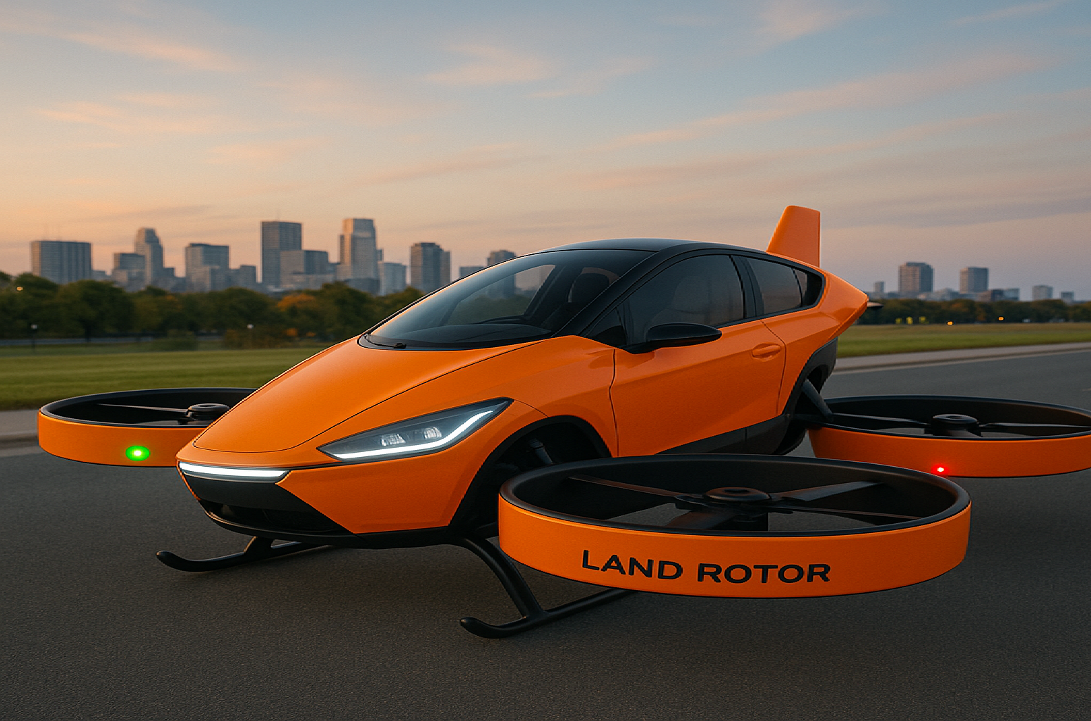 An orange futuristic land drone with large propellers labeled "LAND ROTOR" on a road with a city skyline in the background at dusk.