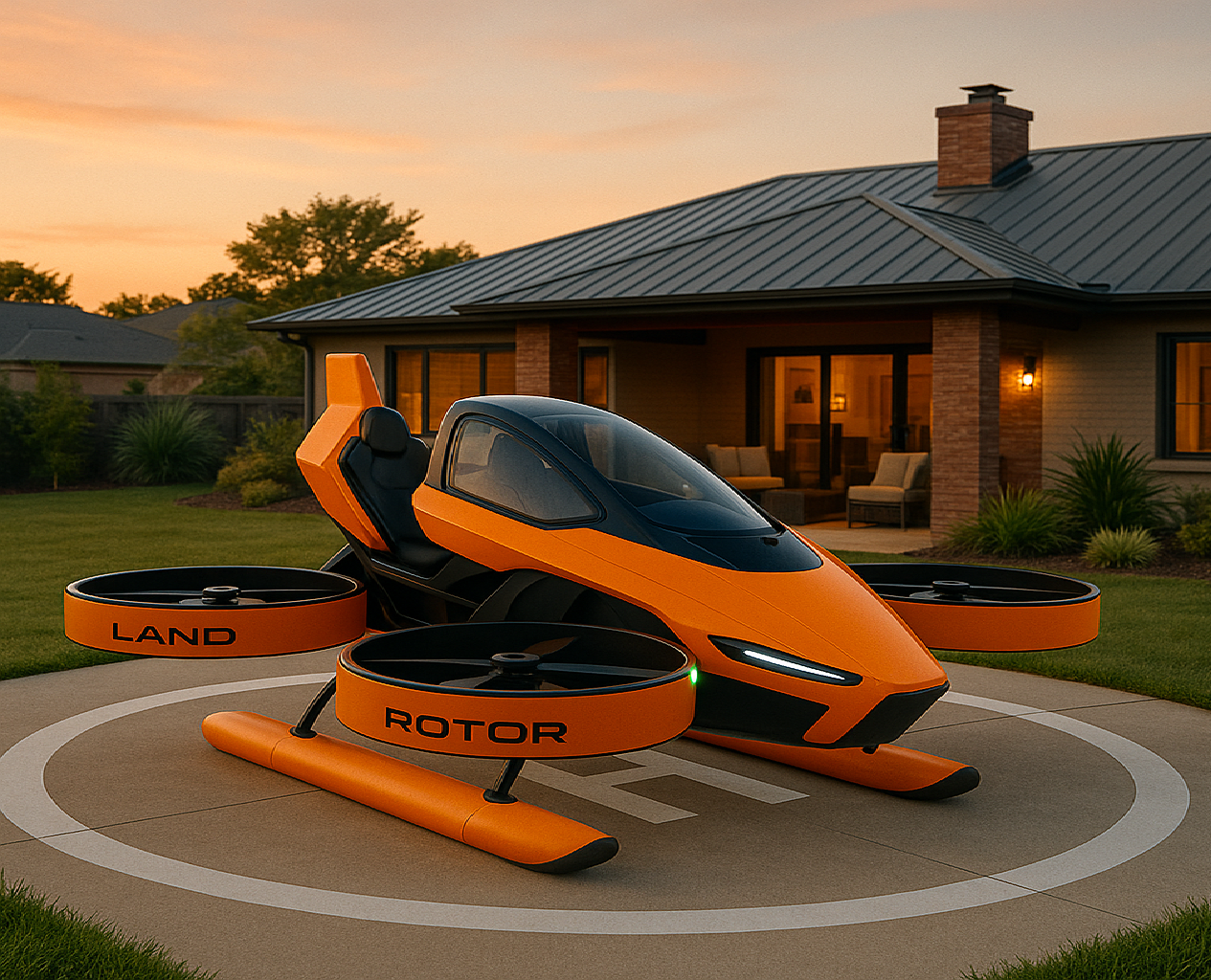 Futuristic orange flying car with rotor blades parked on a helipad in front of a house at sunset.