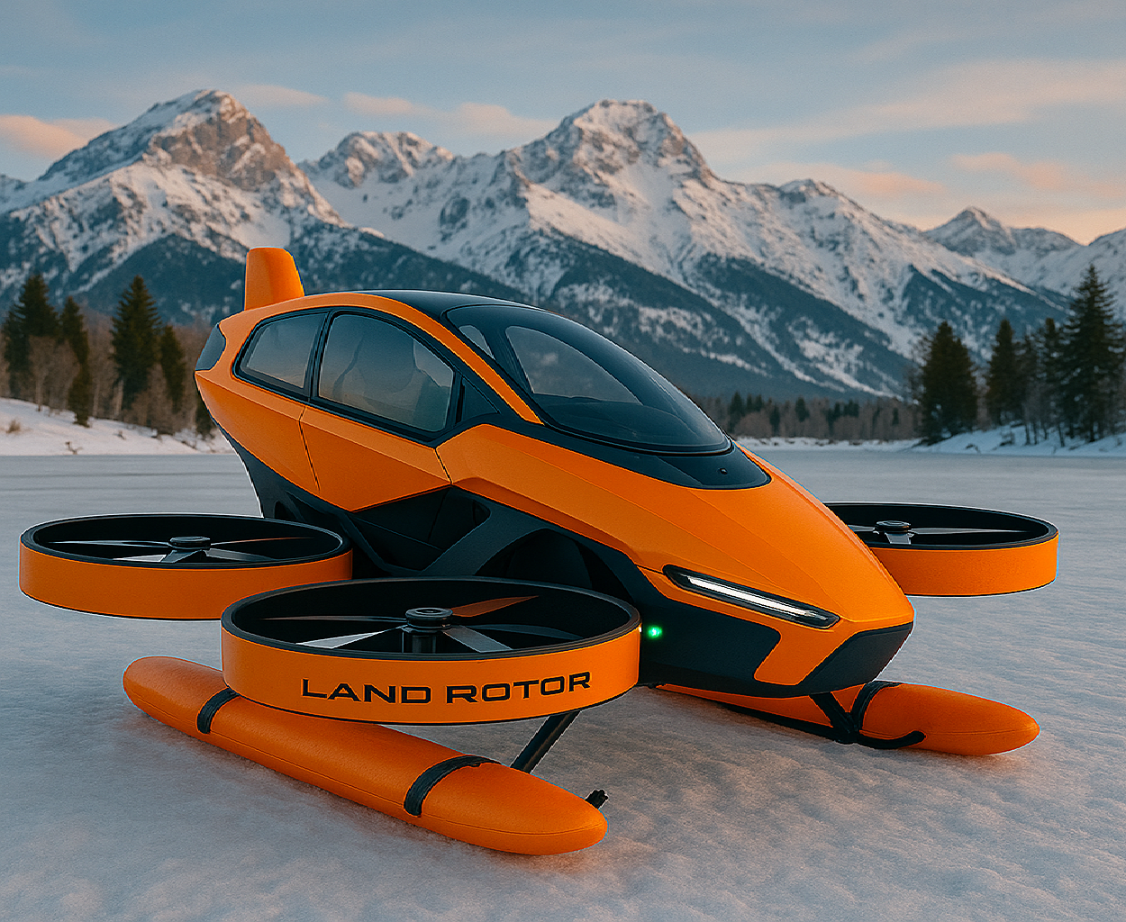 Orange and black autonomous vehicle with propeller wheels on snow, mountains and trees in background.