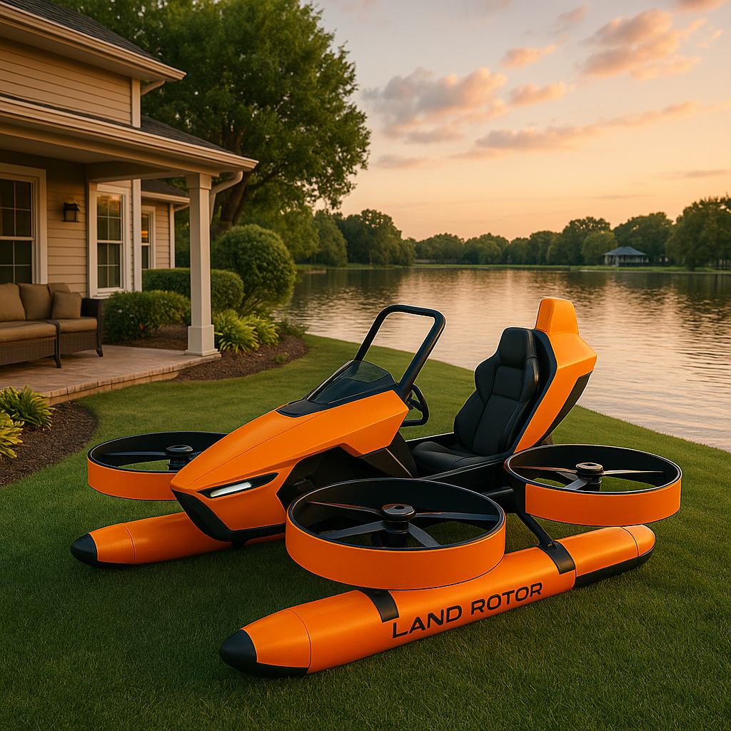 Orange and black land rotor drone with two large propellers on a grassy lawn near a house by a lake at sunset.