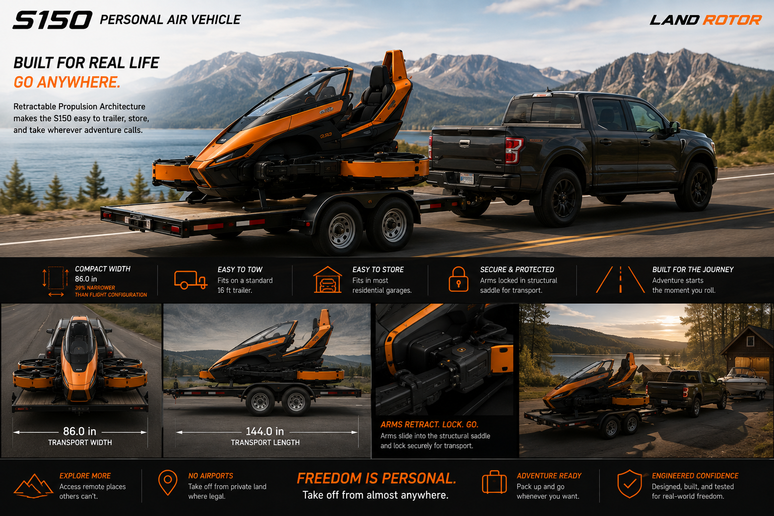 Land Rotor S150 electric personal air vehicle with retractable propulsion arms configured for compact trailer transport and garage storage.