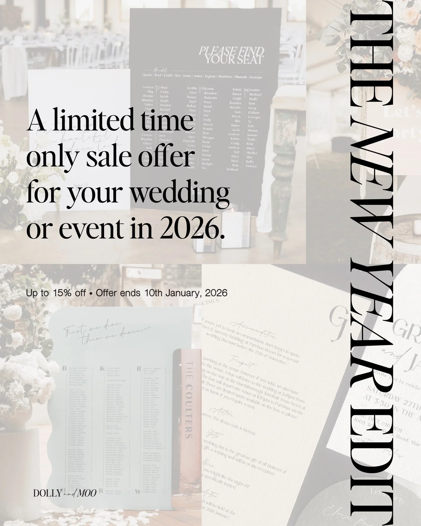 ✨ THE NEW YEAR EDIT ✨

A limited-time offer for your wedding or event in 2026 🤍

Book one of The New Year Edit packages and receive:
💌 5% off any package PLUS a complimentary luxe upgrade
💎 OR if you opt to PAY IN FULL, enjoy a further 10% off - t