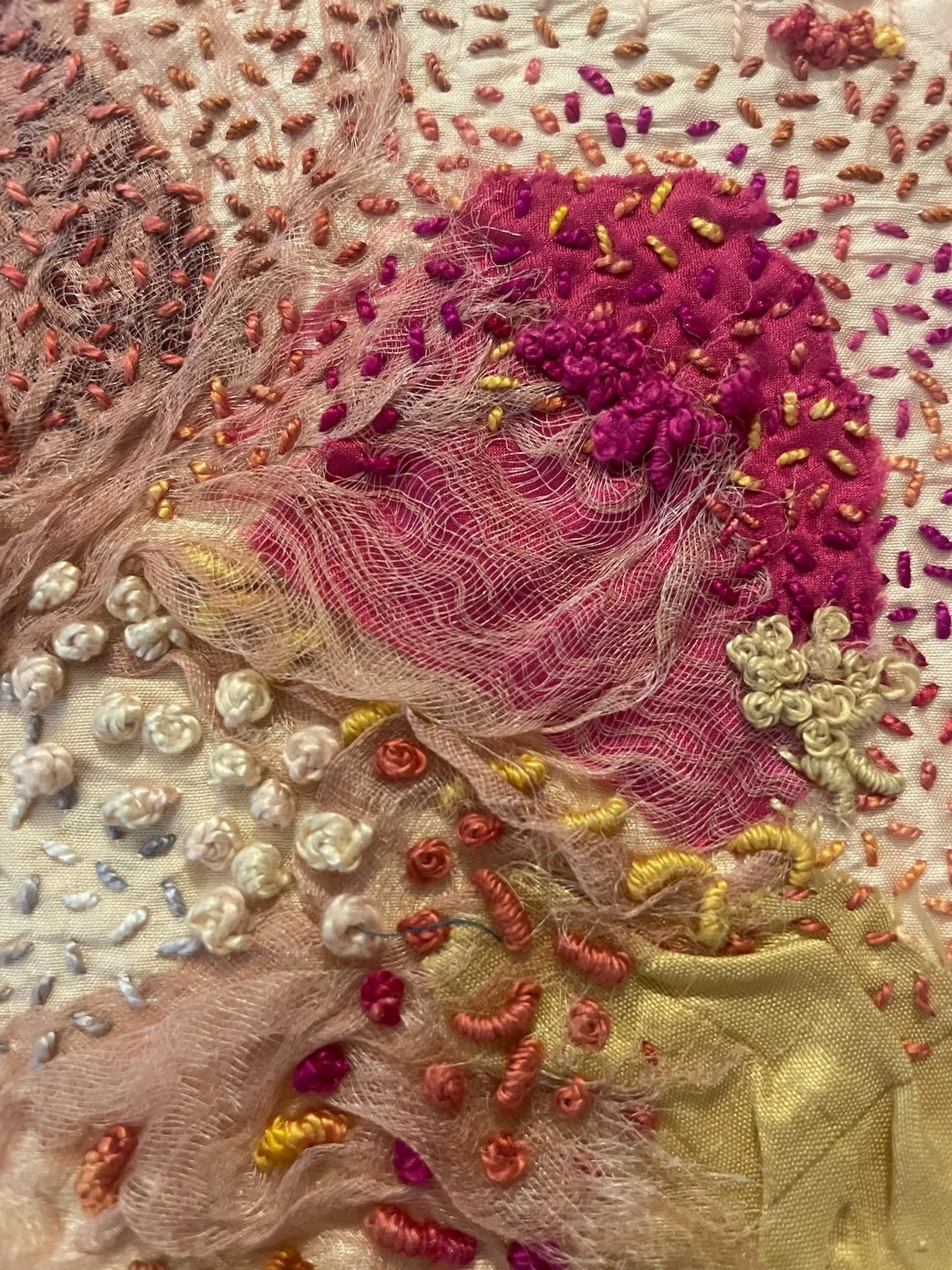 Adornment 1, (detail) 2025. Embroidery, appliqué and collage on silk. Size 41.5 cm x41.5 cm. Photography Joy Denise Scott