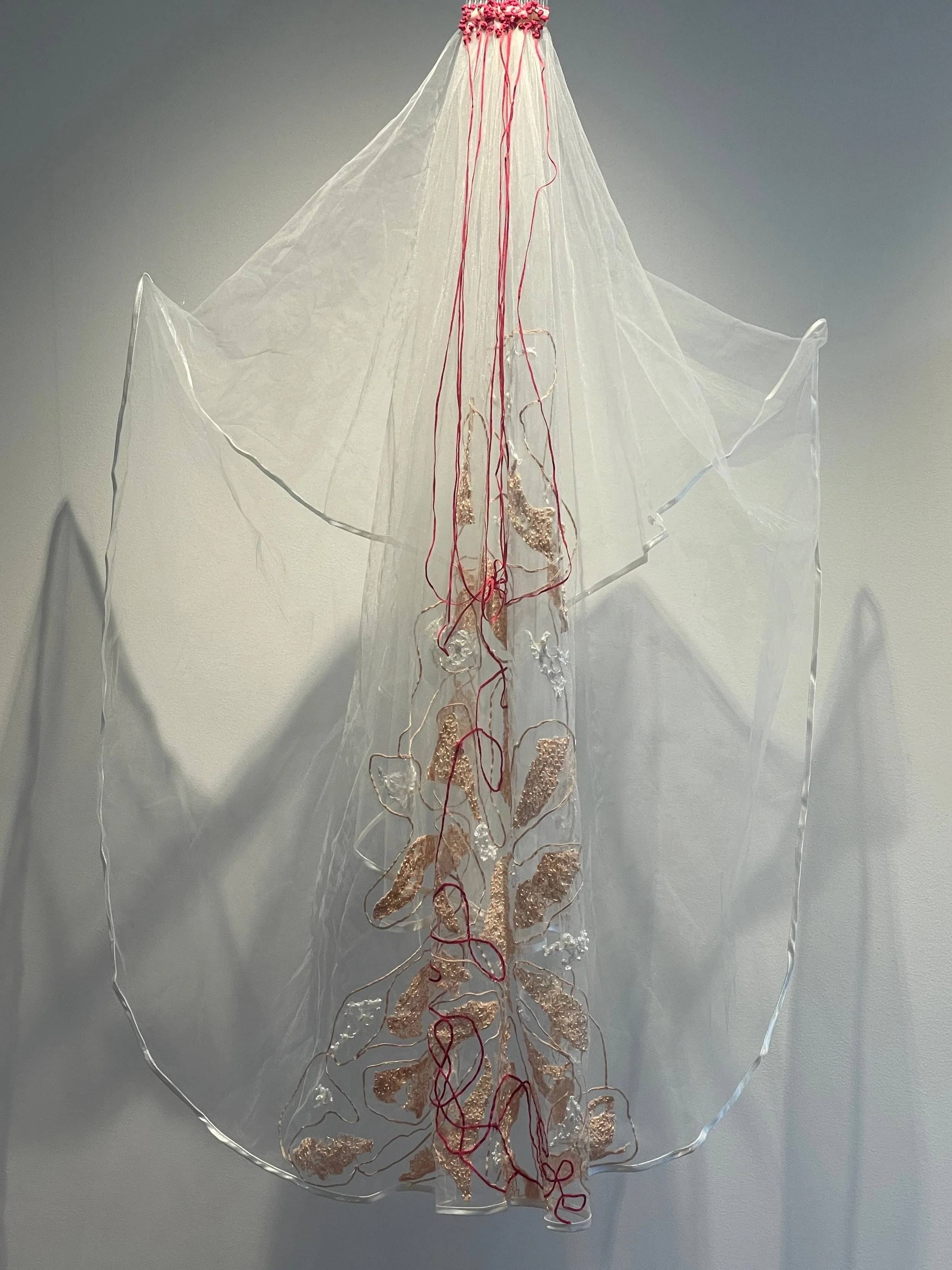 White wedding... a departure from what has gone before, 2026, Improvisational embroidery and appliquéd mulberry bark on discarded net veil. Photography Joy Denise Scott