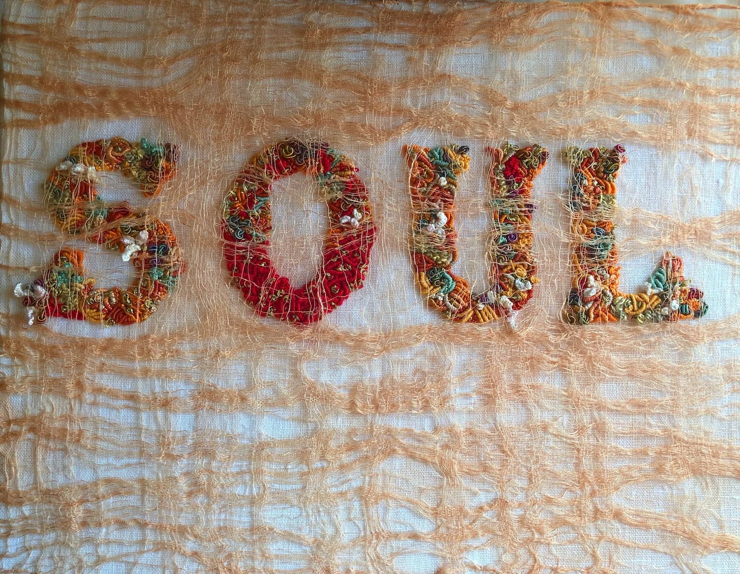 Performance of Soul, 2022. Embroidery and drawn thread work on linen. 400mm x 300mm. Photograph Joy Denise Scott.