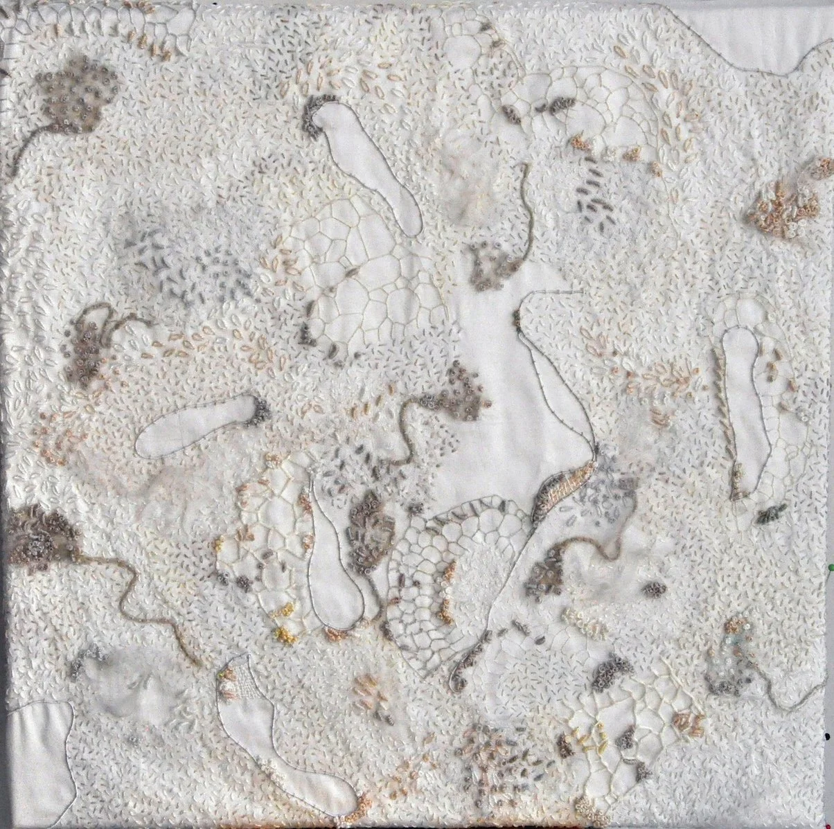 Adornment 2, 2025. Embroidery, appliqué and collage on silk. Size 41.5 cm x41.5 cm. Photography Joy Denise Scott