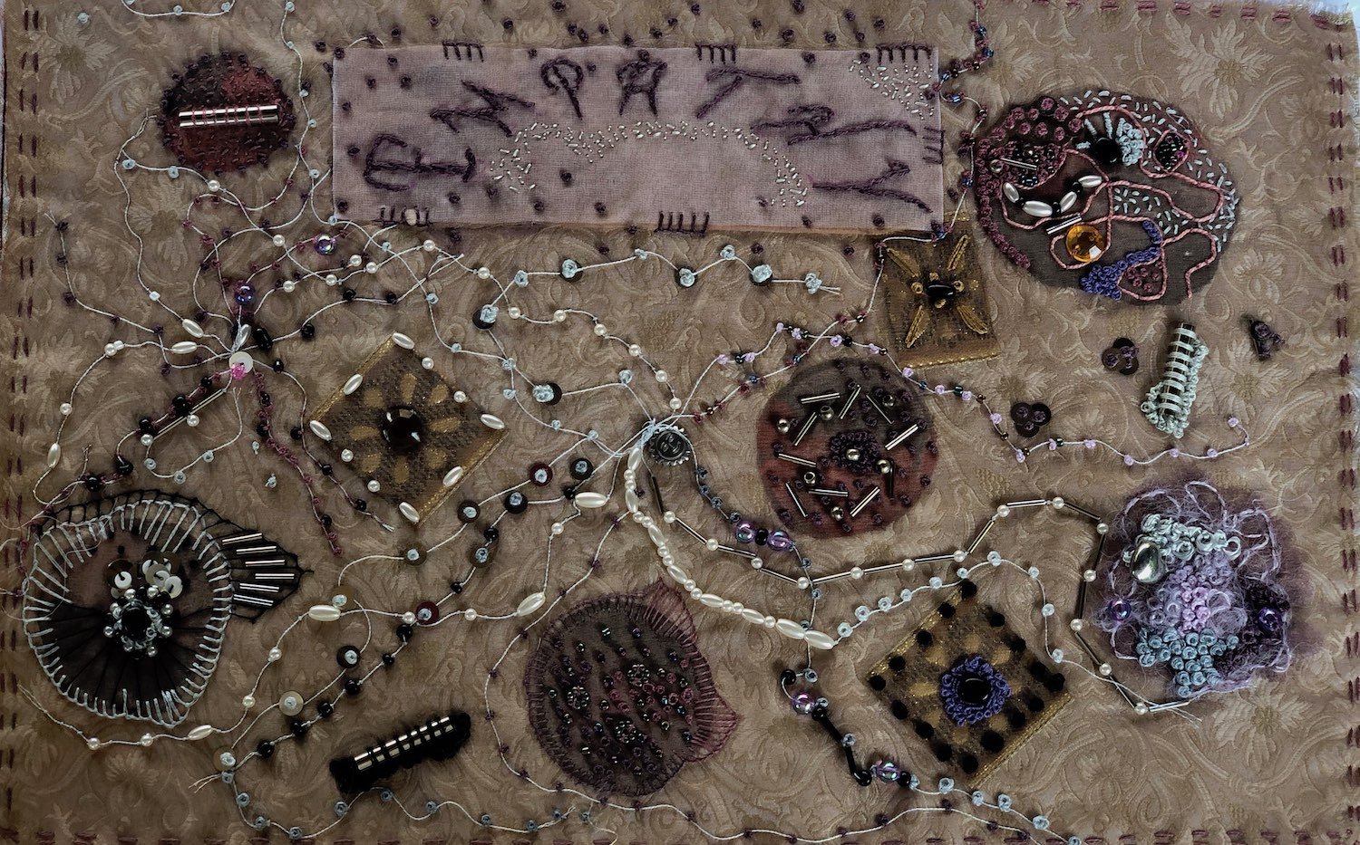 Book of feeling: Empathy (page), 2021. Embroidery and bead work on onion skin and berry dyed silk organza and linen. 380mm x 260mm. Photograph Joy Denise Scott.