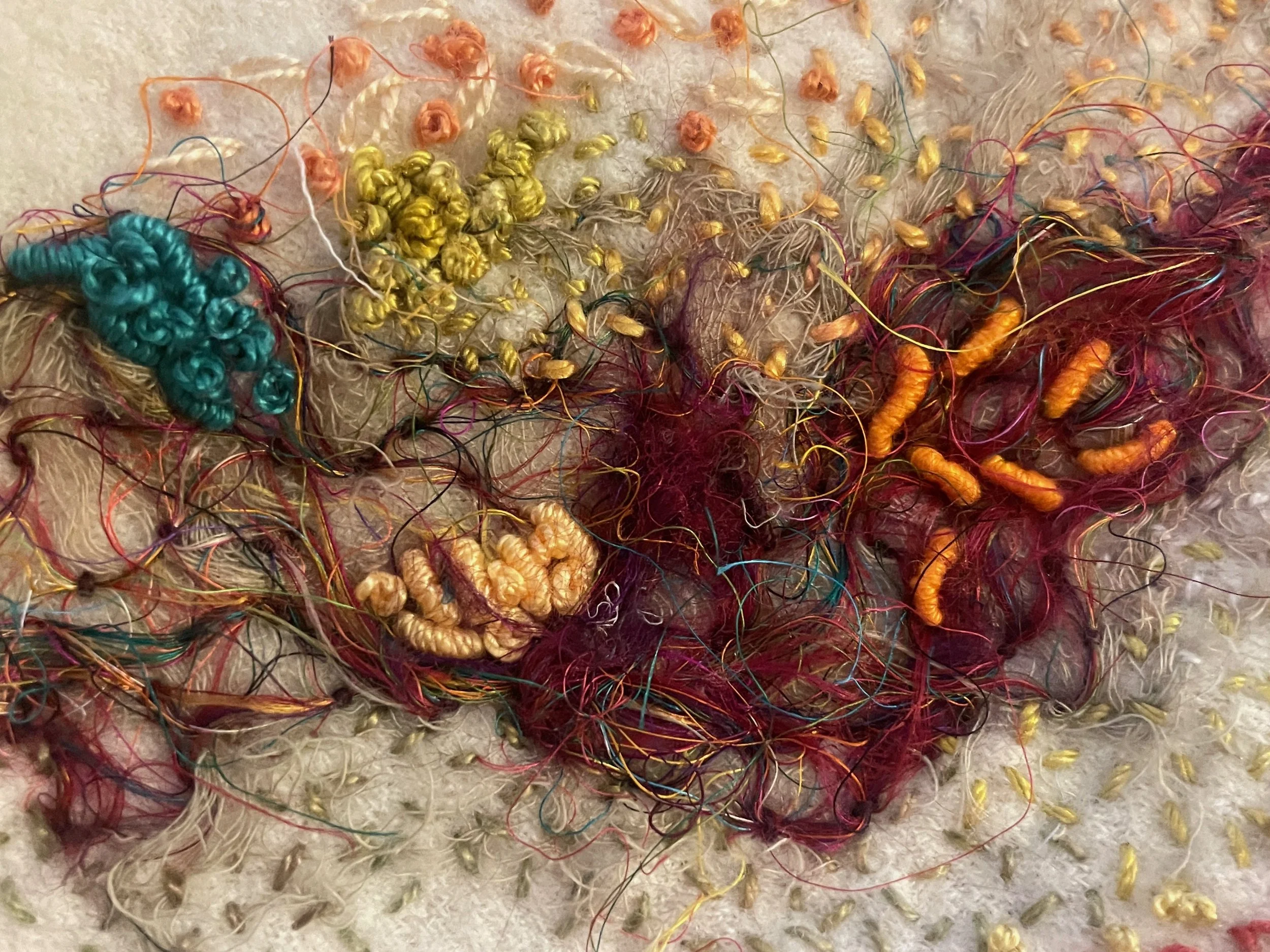 Shrunk, (detail) 2025. Artist's discarded shrunken felted wool cardigan, silk scraps, silk fibre, recycled sari silk thread, cotton and silk scrim, gimp, mulberry bark and assorted silk and cotton embroidery threads. Photography Joy Denise Scott.