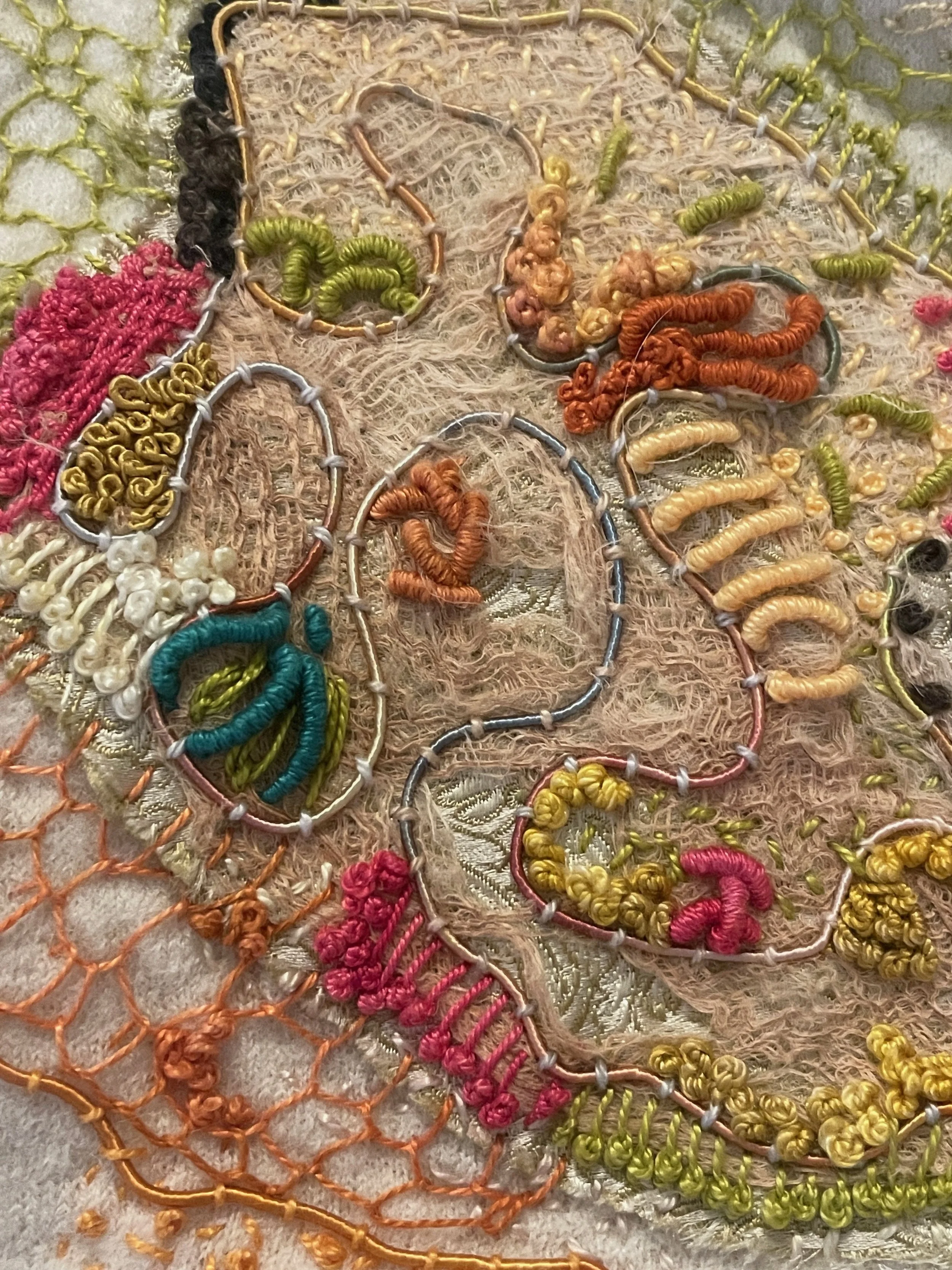 Shrunk, (detail) 2025. Artist's discarded shrunken felted wool cardigan, silk scraps, silk fibre, recycled sari silk thread, cotton and silk scrim, gimp, mulberry bark and assorted silk and cotton embroidery threads. Photography Joy Denise Scott.