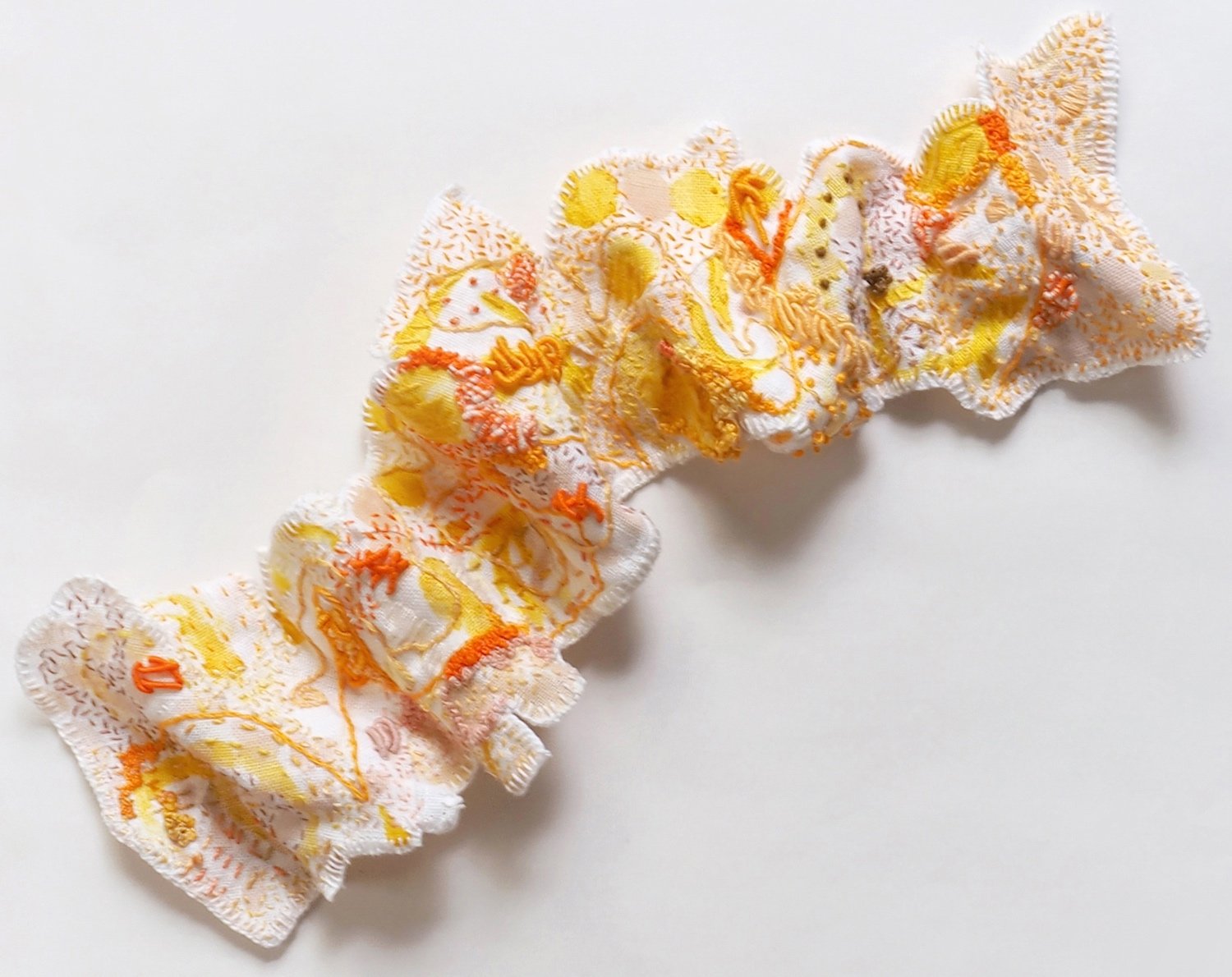 Embroidery, collage and wire on linen, 2021. 510mm x 200mm. Photograph Jae Criddle.