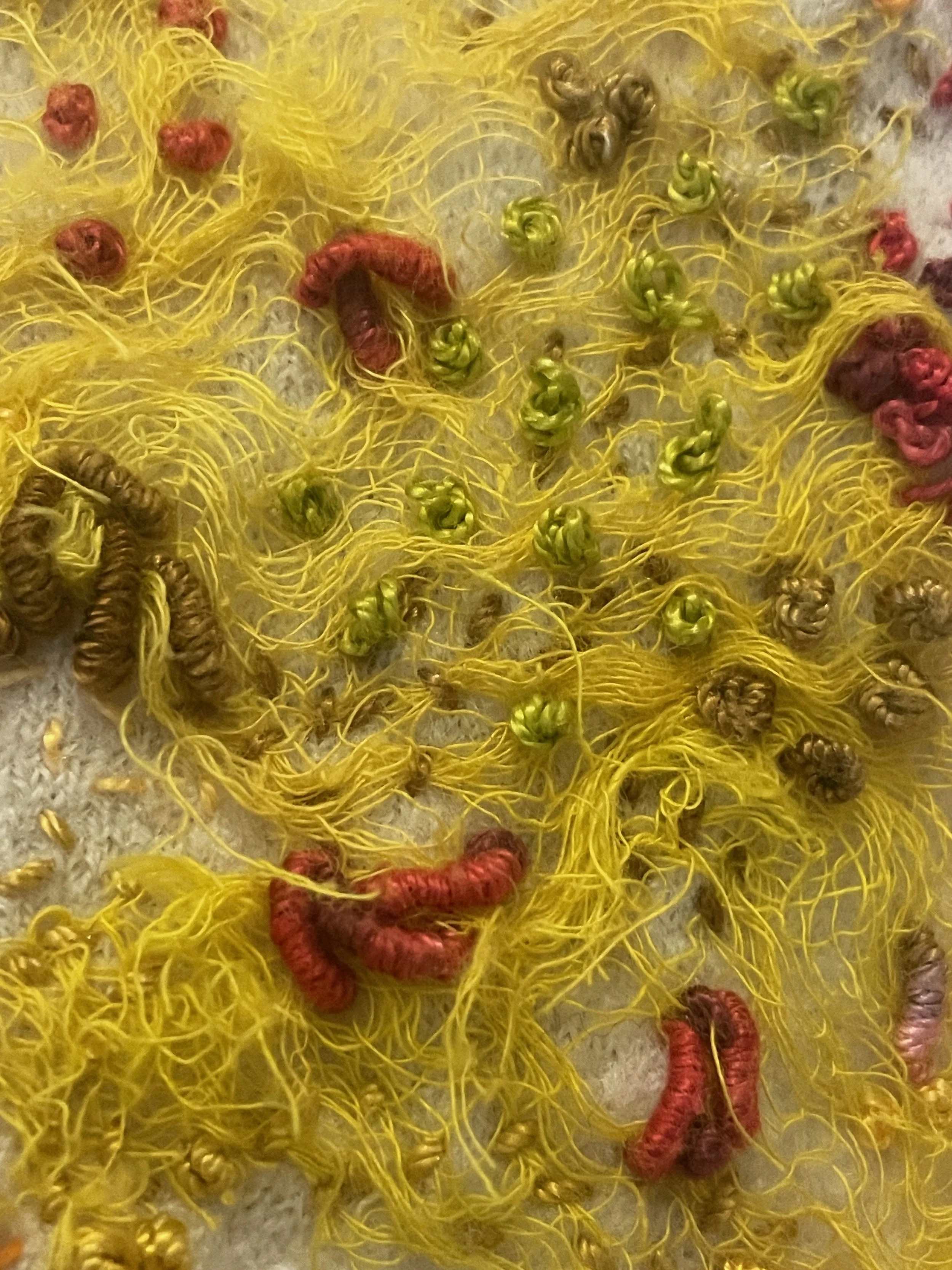 Shrunk, (detail) 2025. Artist's discarded shrunken felted wool cardigan, silk scraps, silk fibre, recycled sari silk thread, cotton and silk scrim, gimp, mulberry bark and assorted silk and cotton embroidery threads. Photography Joy Denise Scott.