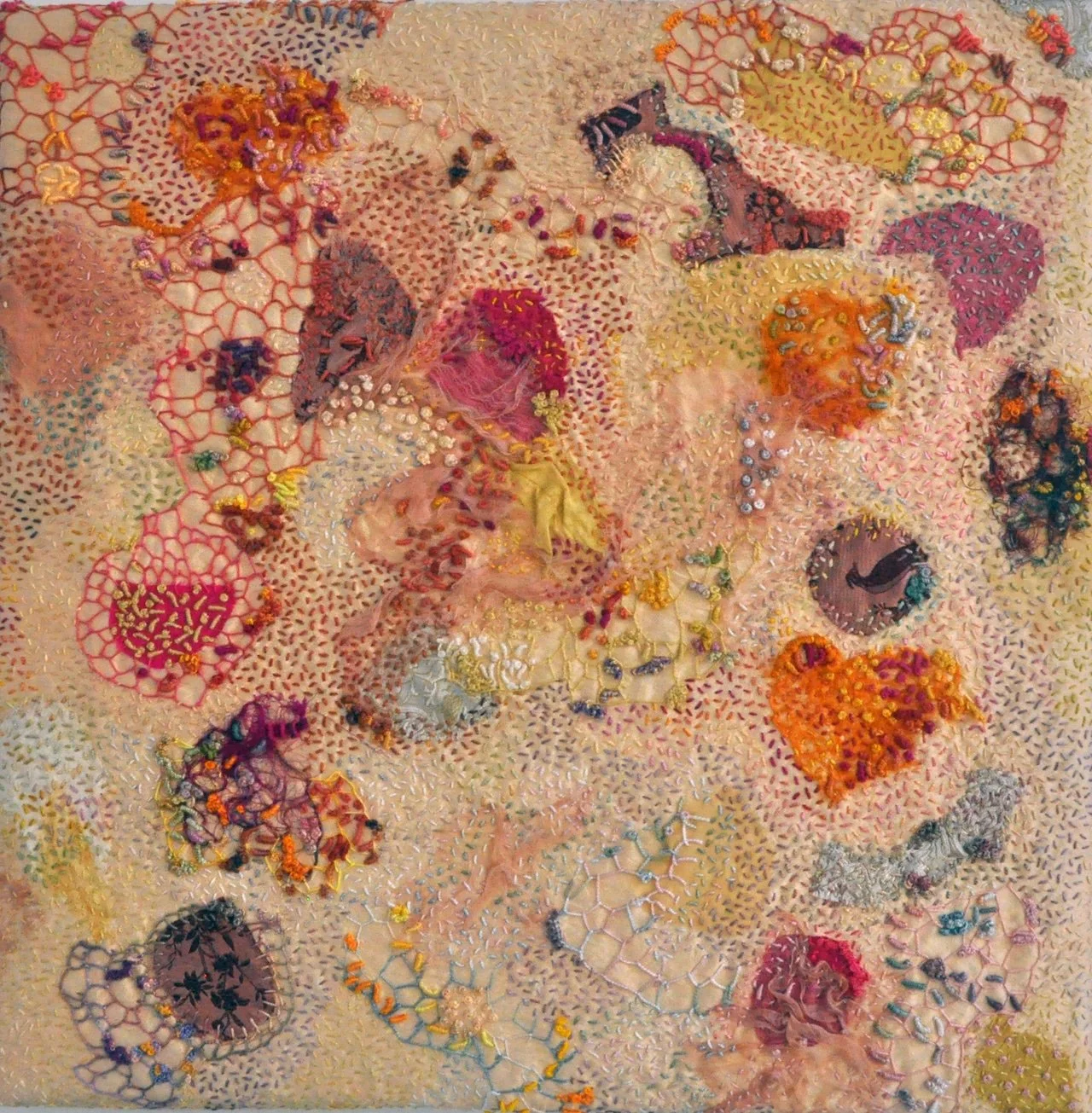 Adornment 1, 2025. Embroidery, appliqué and collage on silk. Size 41.5 cm x41.5 cm. Photography Joy Denise Scott