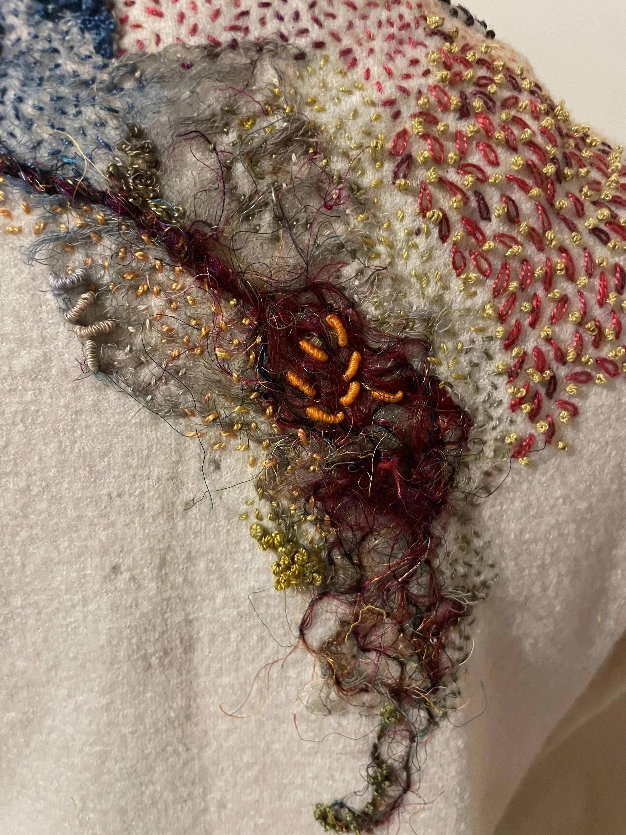 Shrunk, (detail) 2025. Artist's discarded shrunken felted wool cardigan, silk scraps, silk fibre, recycled sari silk thread, cotton and silk scrim, gimp, mulberry bark and assorted silk and cotton embroidery threads. Photography Joy Denise Scott.