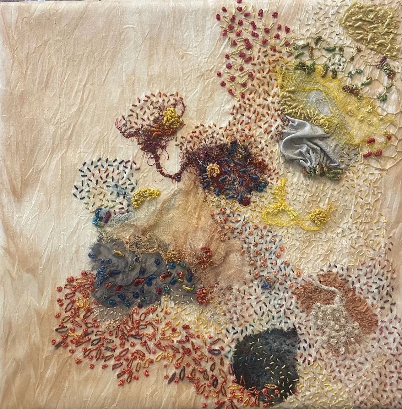 Mood Study, 2025. Embroidery, collage and appliqué on silk. Size 30cm x 30cm .Photography Joy Denise Scott