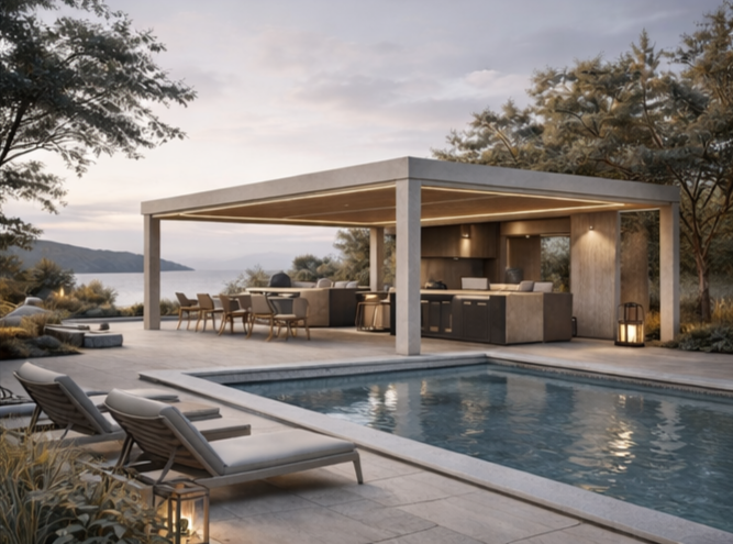 Uima-allas ja ulkosohva-alueen pergola, moderni pergola-tila, lamppuja ja terassi taustalla.